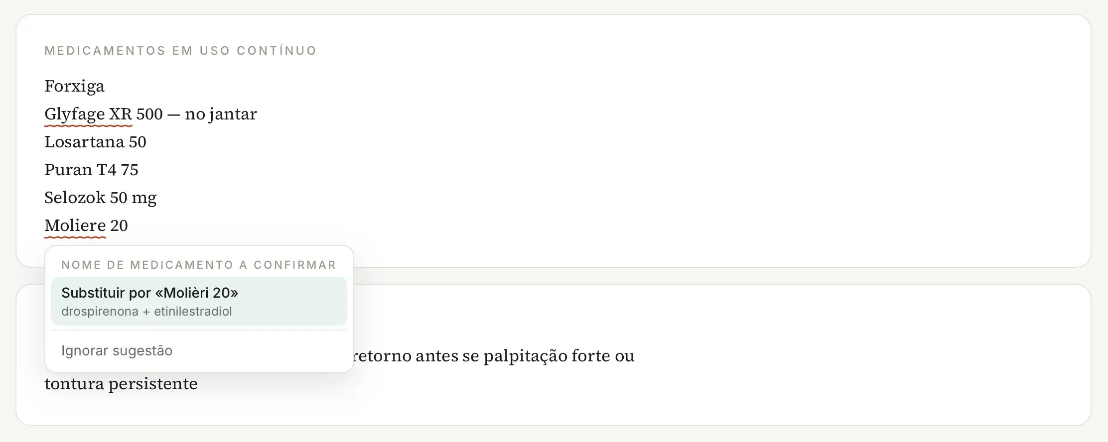 Seção Medicamentos em uso contínuo no computador com os nomes Glyfage XR e Moliere sublinhados em vermelho e o menu Nome de medicamento a confirmar aberto sobre Moliere 20, oferecendo Substituir por «Molièri 20» com o princípio ativo drospirenona + etinilestradiol e a ação Ignorar sugestão