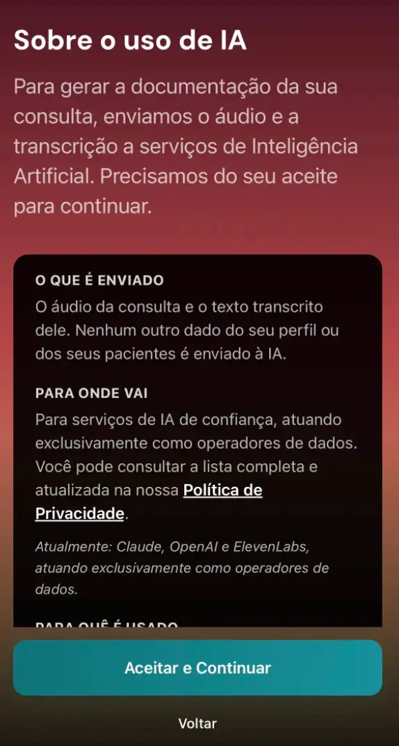 Tela Sobre o uso de IA, com as seções O que é enviado e Para onde vai e o botão Aceitar e Continuar